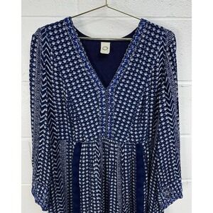Anthropologie Akemi + Kin Motif Dress Blue Bohemian V Neck Flare Sleeve / Large